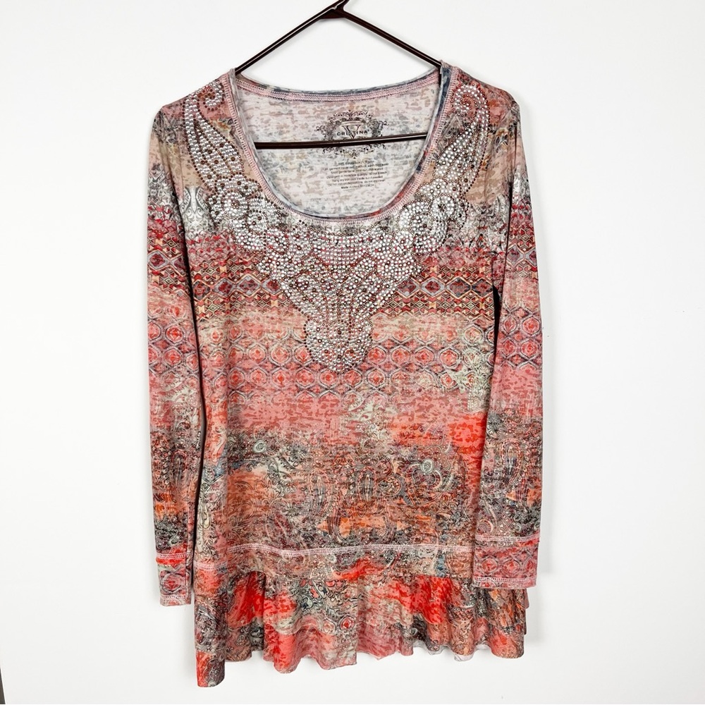 V Cristina Burnout Vtg Y2K Rhinestone Coral and Gray Long Sleeve Top M